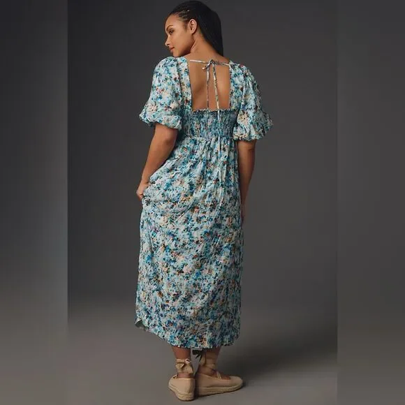 By Anthropologie Blue Floral Short-Sleeve Smocked Babydoll Midi Dress Size 3X - Picture 2 of 10
